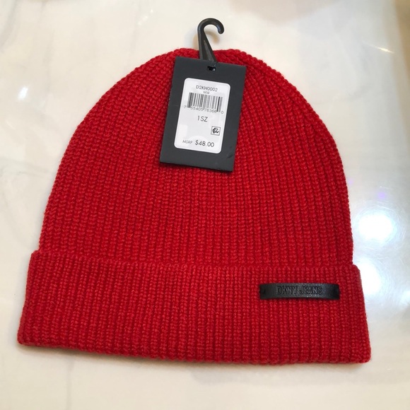 DKNY Ribbed Knit Cuffed Beanie Hat Color Scarlet Red Logo Accent OS NWT - Picture 3 of 15